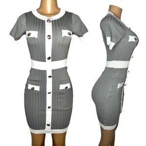 NWT Size S/M Stretchy Women Dress Elegant Short Gray And White Slim fit Dress